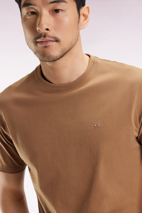 T-shirt manches courtes à col rond en coton Pima camel - Image 1