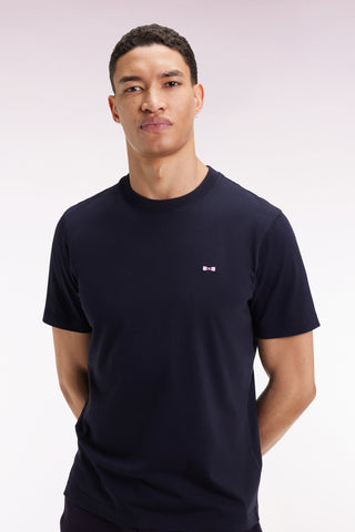 Short-sleeved navy cotton embroidered back T-shirt
