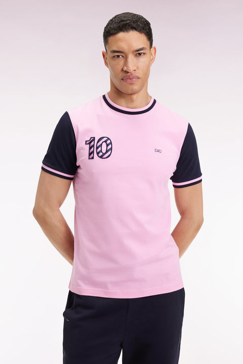 T-shirt bicolore à manches courtes en coton marine broderie 10 - Image 1