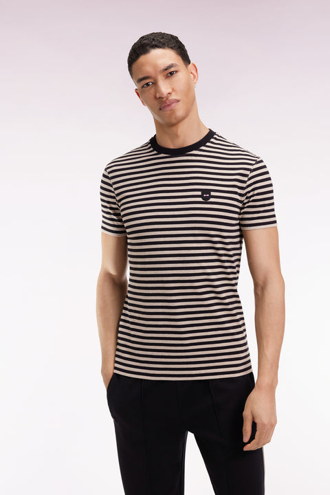 T-shirt à manches courtes en jersey de coton rayé marine et marron - Image 3