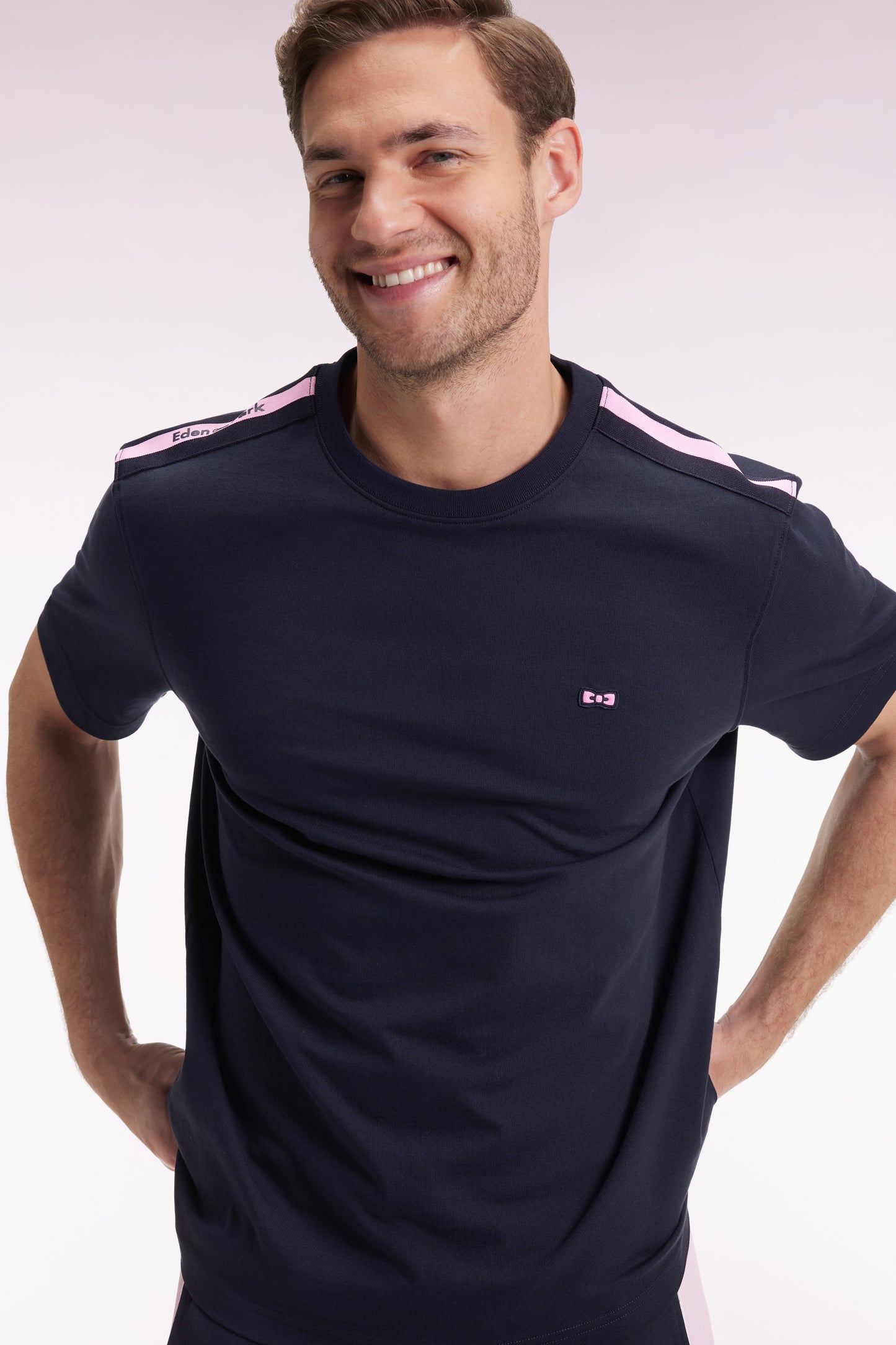 T-shirt à manches courtes en coton marine bande épaules