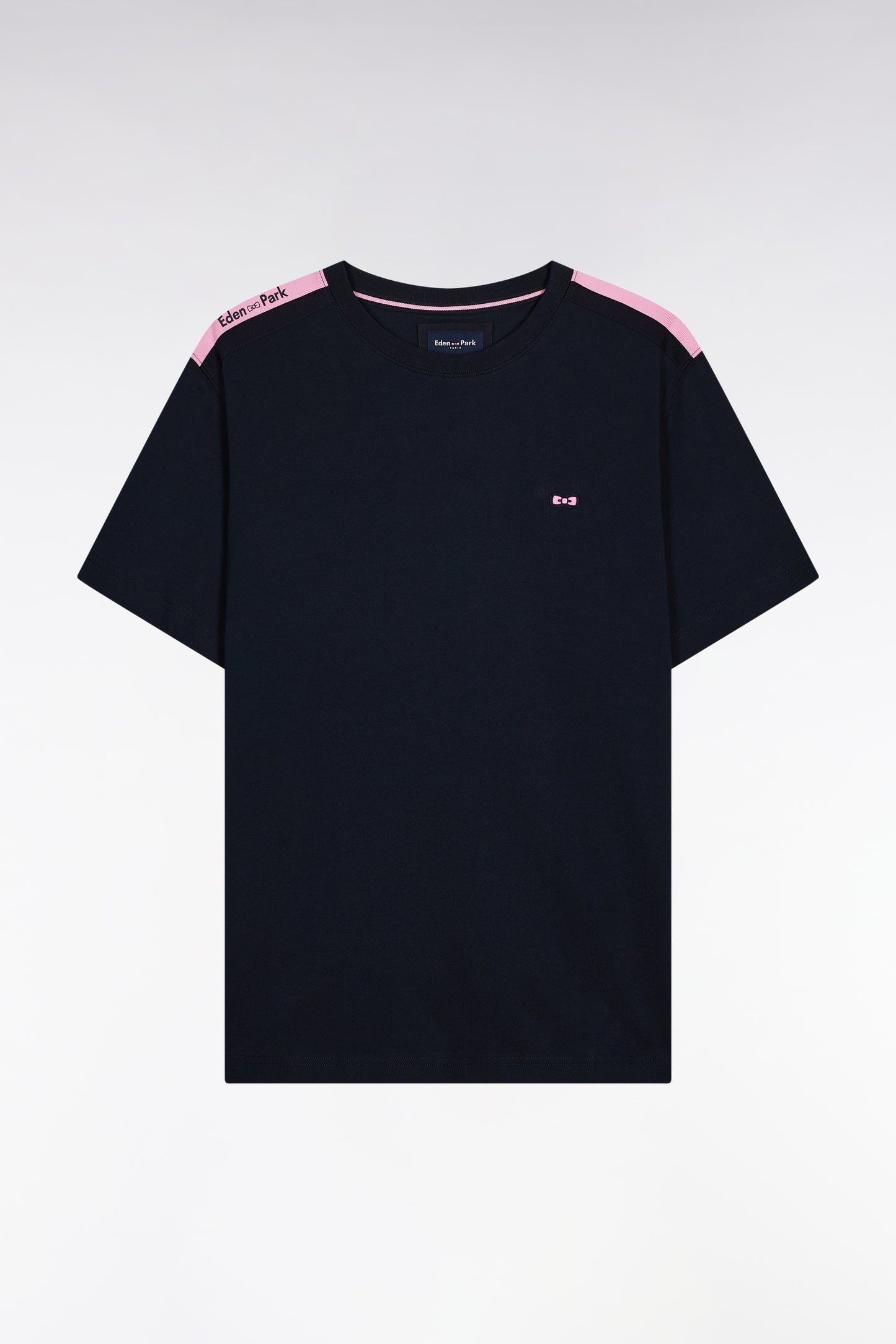 Short-sleeved T-shirt in navy cotton with shoulder stripes