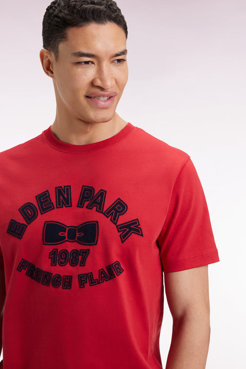 T-shirt à manches courtes en coton rouge impression effet velours - Image 1