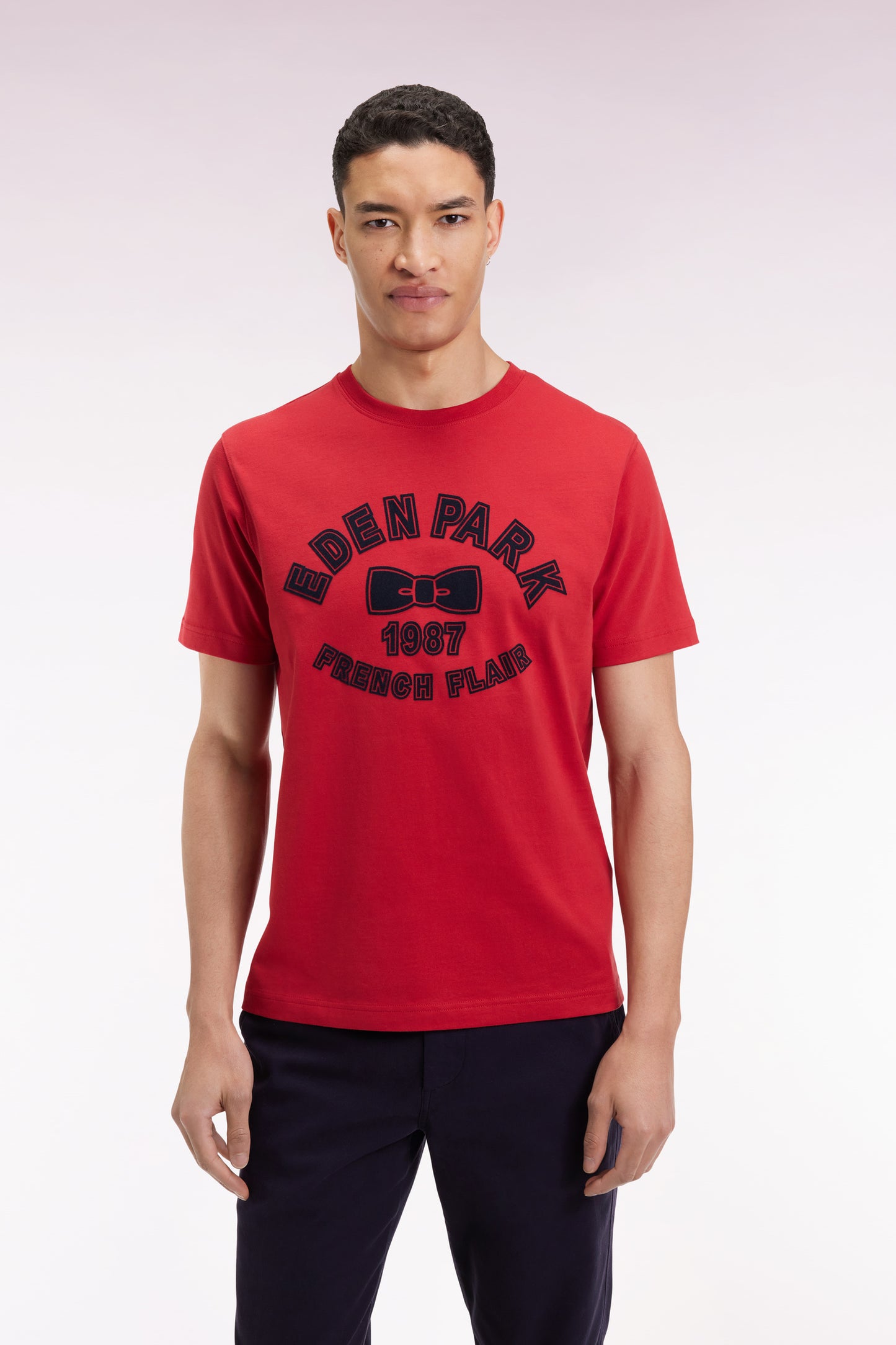 T-shirt à manches courtes en coton rouge impression effet velours