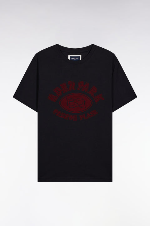 Short-sleeved T-shirt in black cotton with velvet-effect print - Image 2