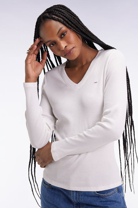 T-shirt à manches longues en coton Pima côtelé blanc coupe slim - Image 1