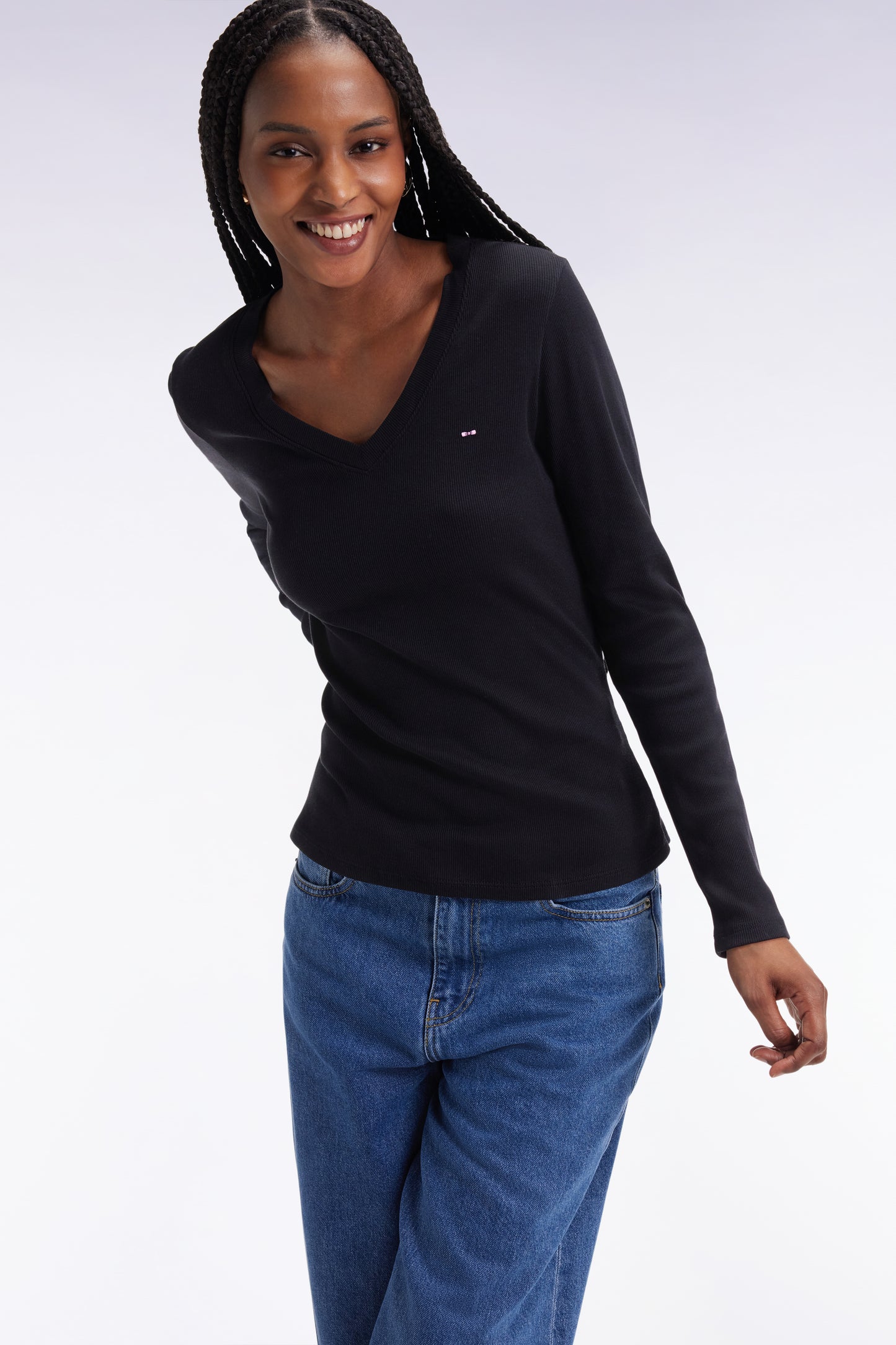 T-shirt à manches longues en coton Pima côtelé noir coupe slim