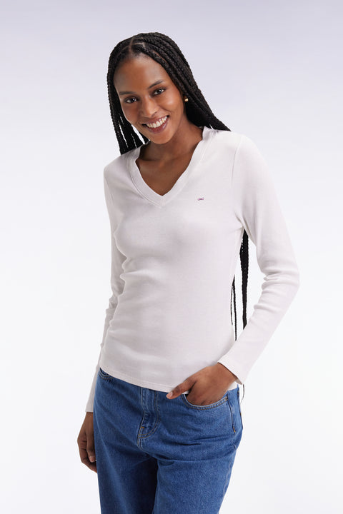 T-shirt à manches longues en coton Pima côtelé blanc coupe slim - Image 3