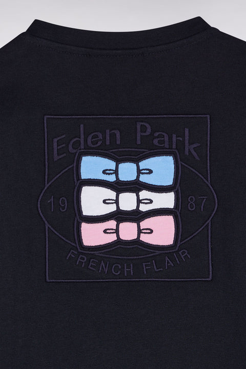 T-shirt à manches longues bicolores en coton marine coupe droite - Image 3