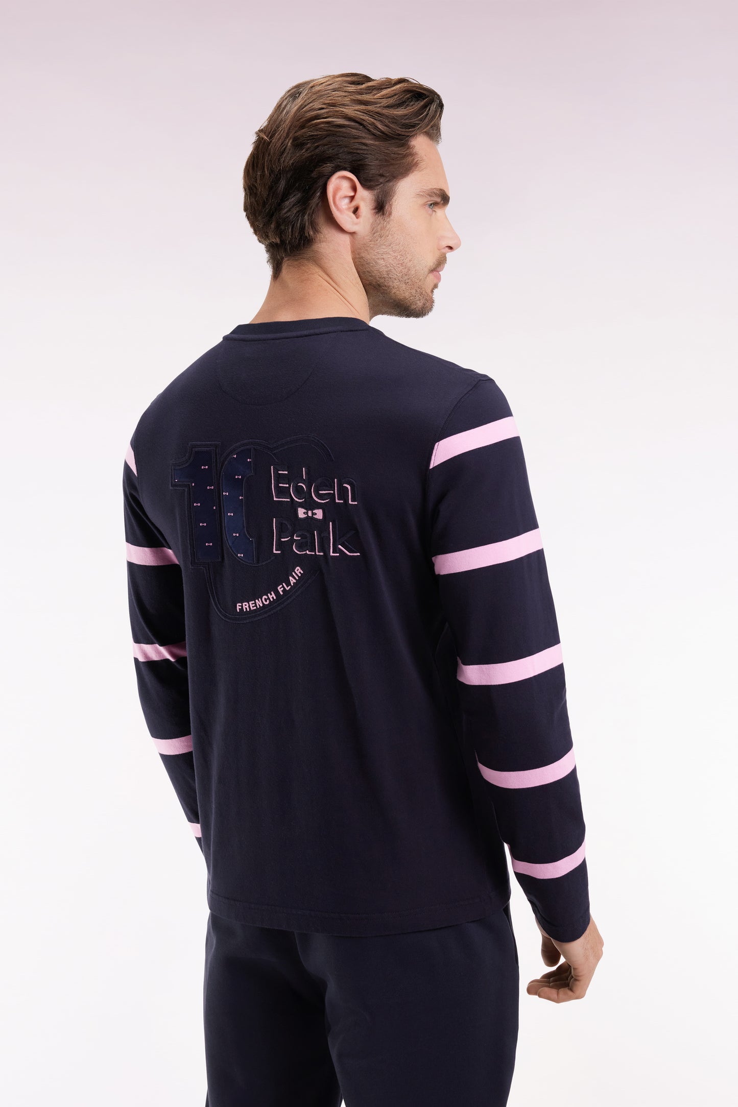 Long-sleeved navy cotton T-shirt with striped sleeves
