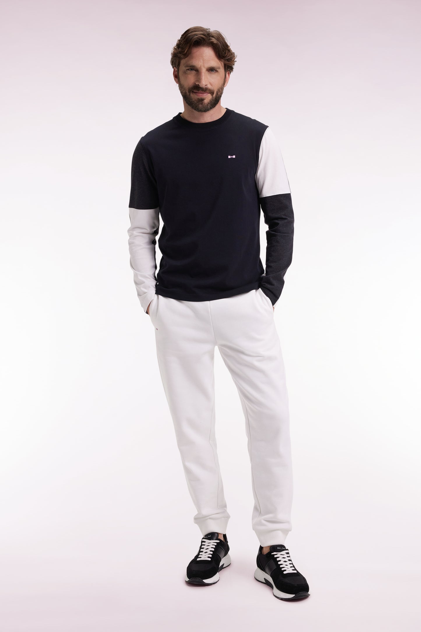 T-shirt à manches longues en coton noir colorblock blanc et gris