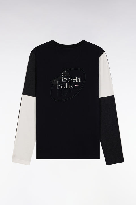 T-shirt à manches longues en coton noir colorblock blanc et gris - Image 2