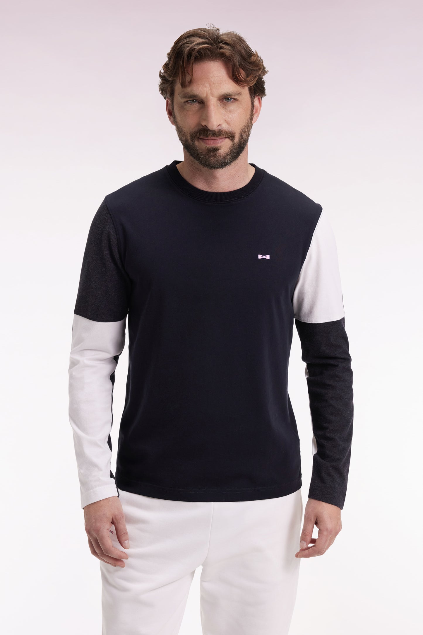 T-shirt à manches longues en coton noir colorblock blanc et gris