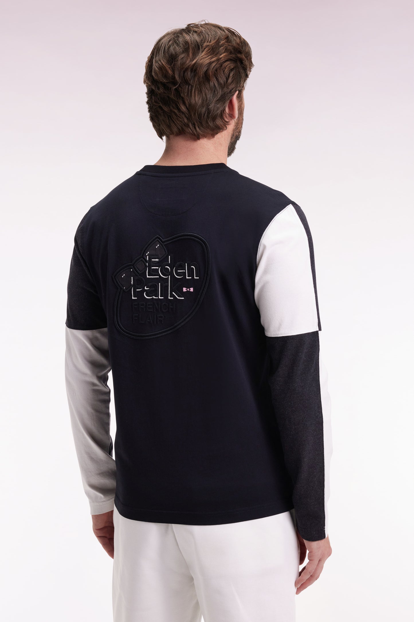 T-shirt à manches longues en coton noir colorblock blanc et gris