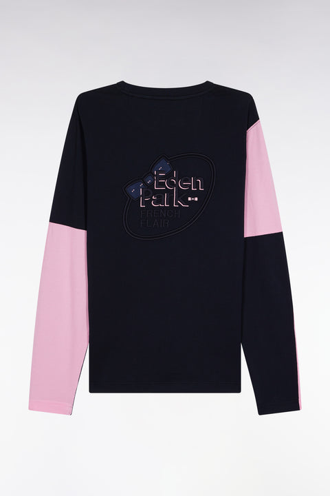 T-shirt à manches longues en coton marine colorblock rose - Image 2