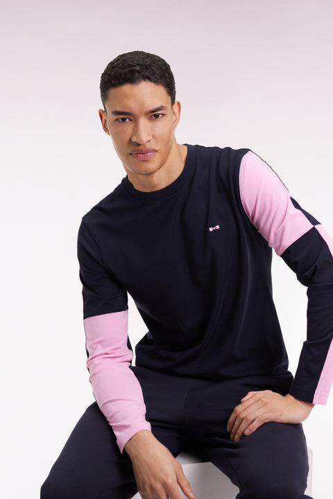 T-shirt à manches longues en coton marine colorblock rose - Image 1