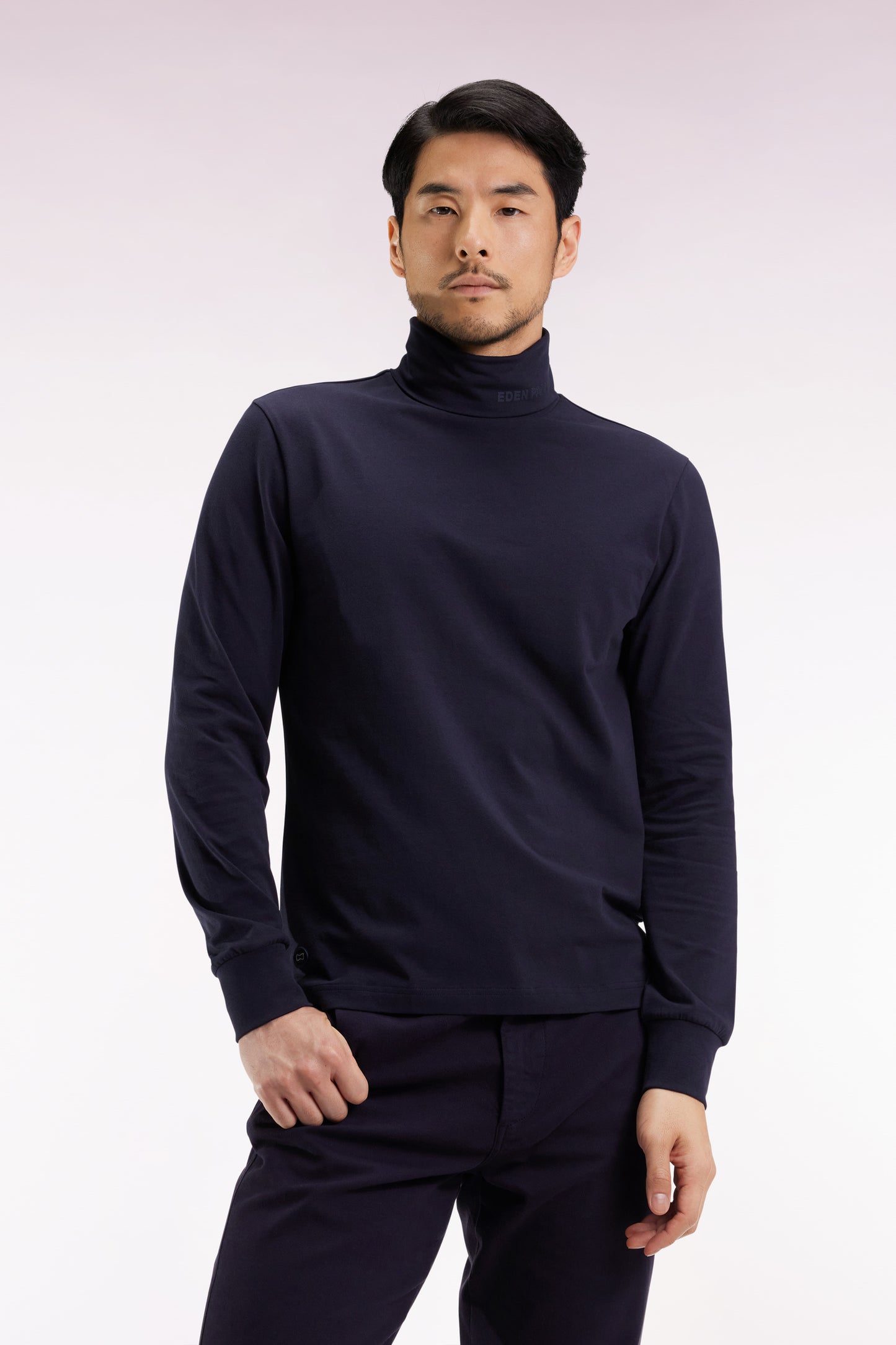 T-shirt col roulé à manches longues en coton stretch marine