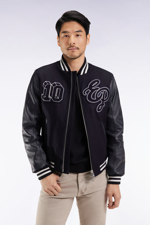 Blouson teddy bimatière manches cuir marine - Image 1