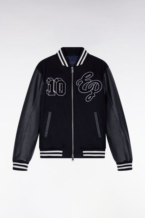 Blouson teddy bimatière manches cuir marine - Image 2