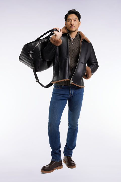 Blouson en peau lainée noir col marron - Image 3