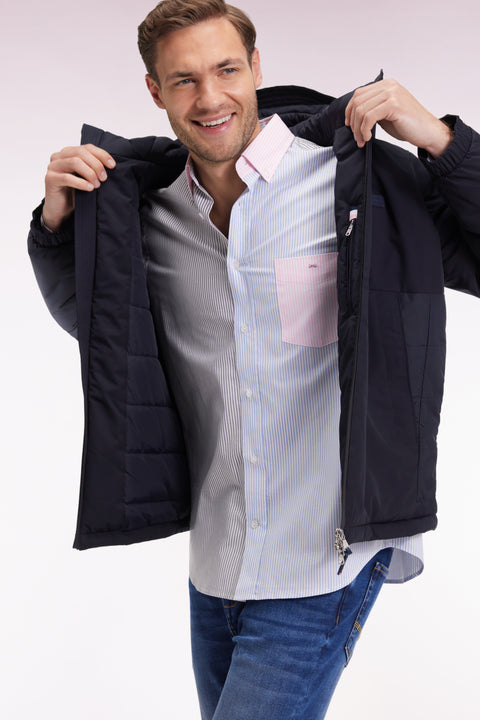 Mixed navy nylon windbreaker with integrated hood - Image 1