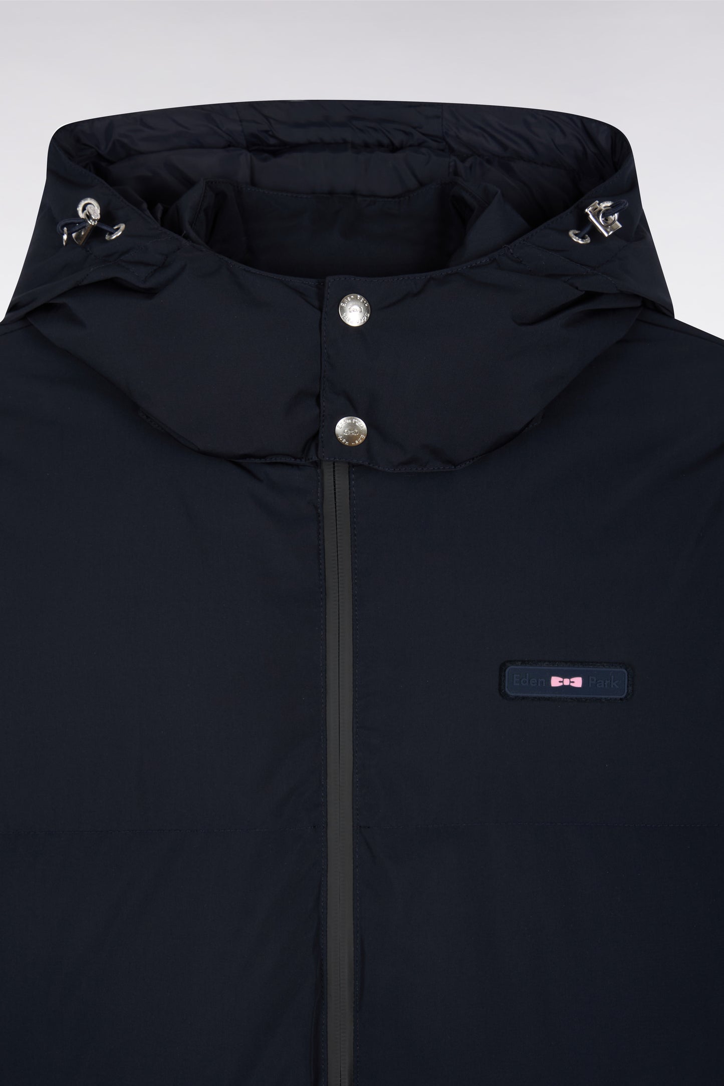 Navy quilted nylon down jacket with removable hood