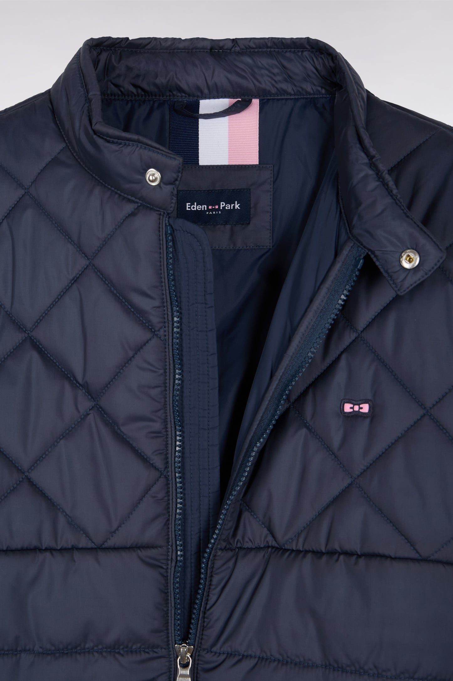 Doudoune bleue en nylon matelassé à col motard