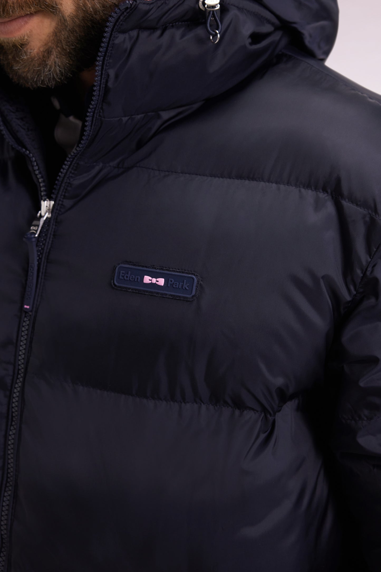 Long down jacket in navy quilted nylon