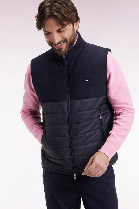 Doudoune sans manches bimatière en nylon et flanelle marine - Image 1