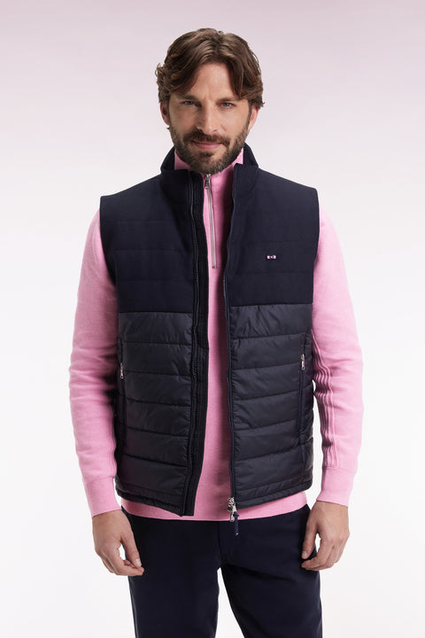 Doudoune sans manches bimatière en nylon et flanelle marine - Image 3