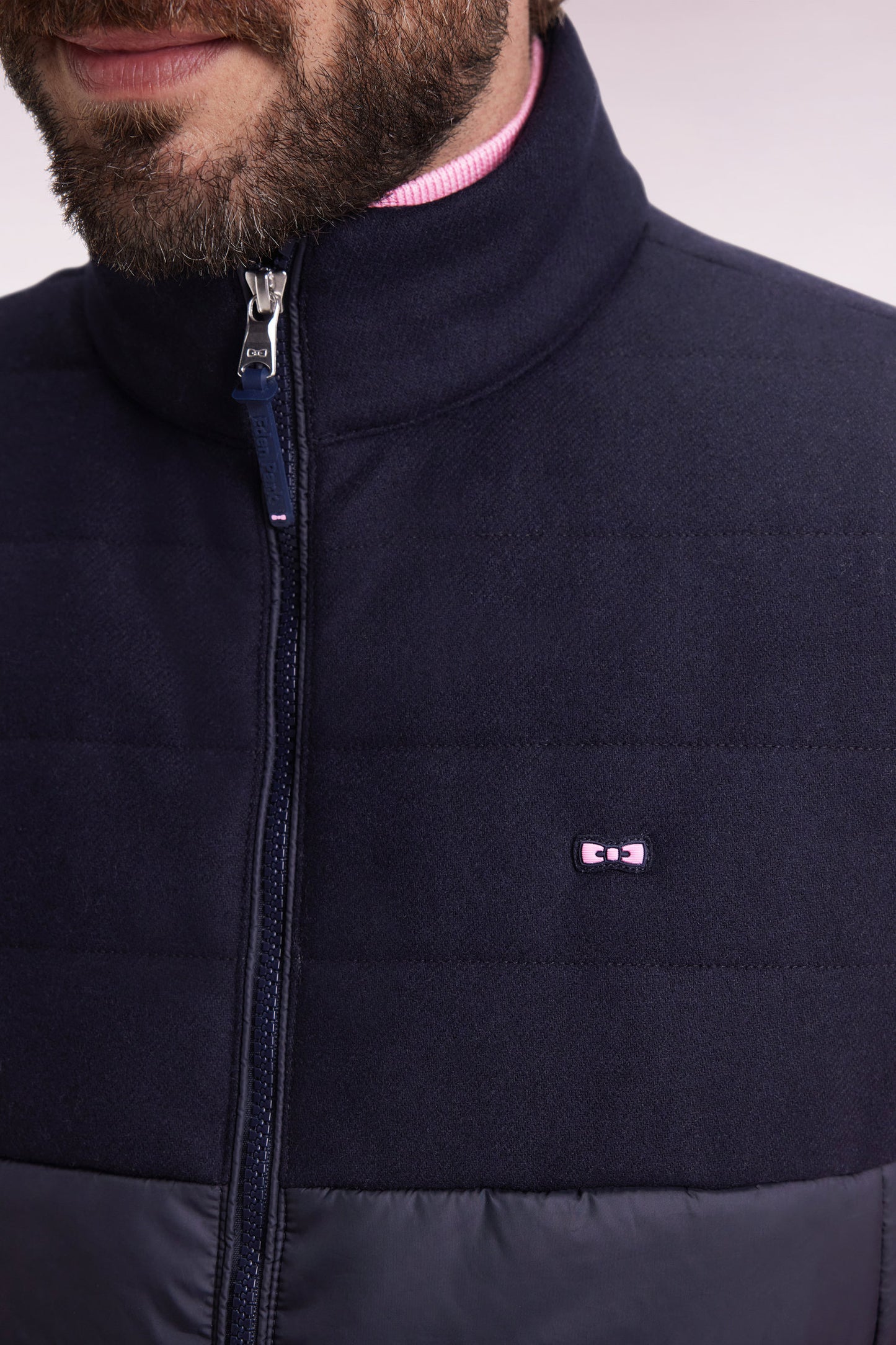 Doudoune sans manches bimatière en nylon et flanelle marine