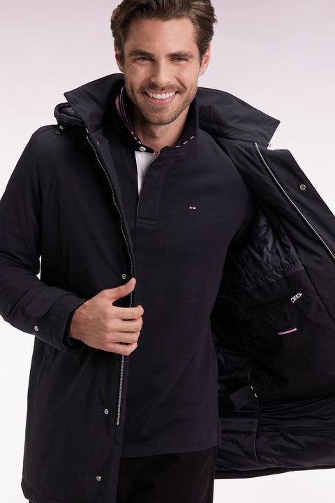 Imperméable long en nylon noir à capuche amovible - Image 1