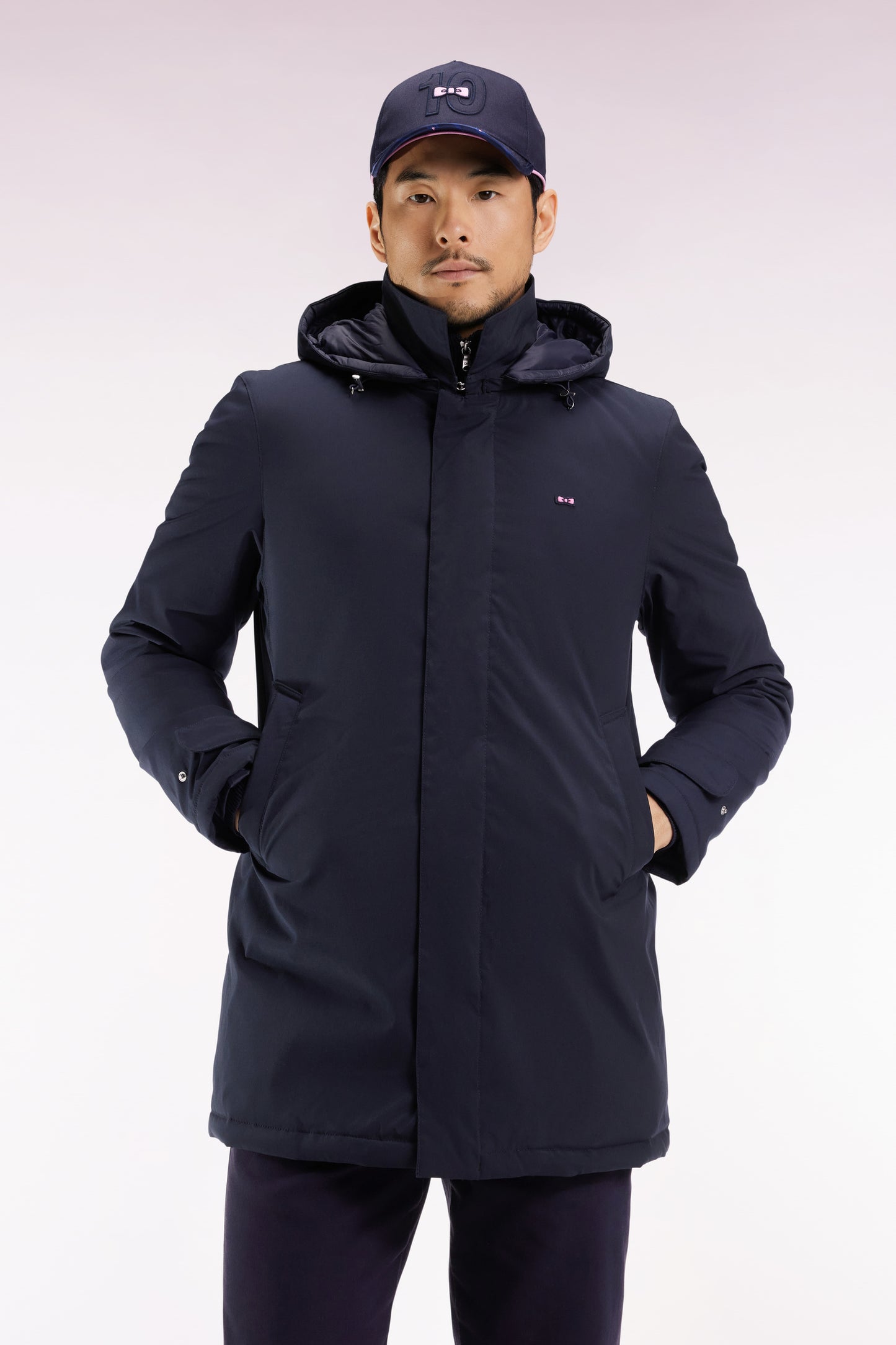 Imperméable long en nylon marine à capuche amovible