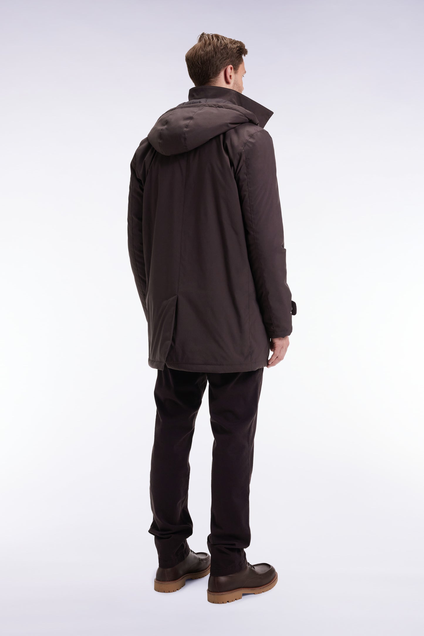 Imperméable long en nylon marron à capuche amovible