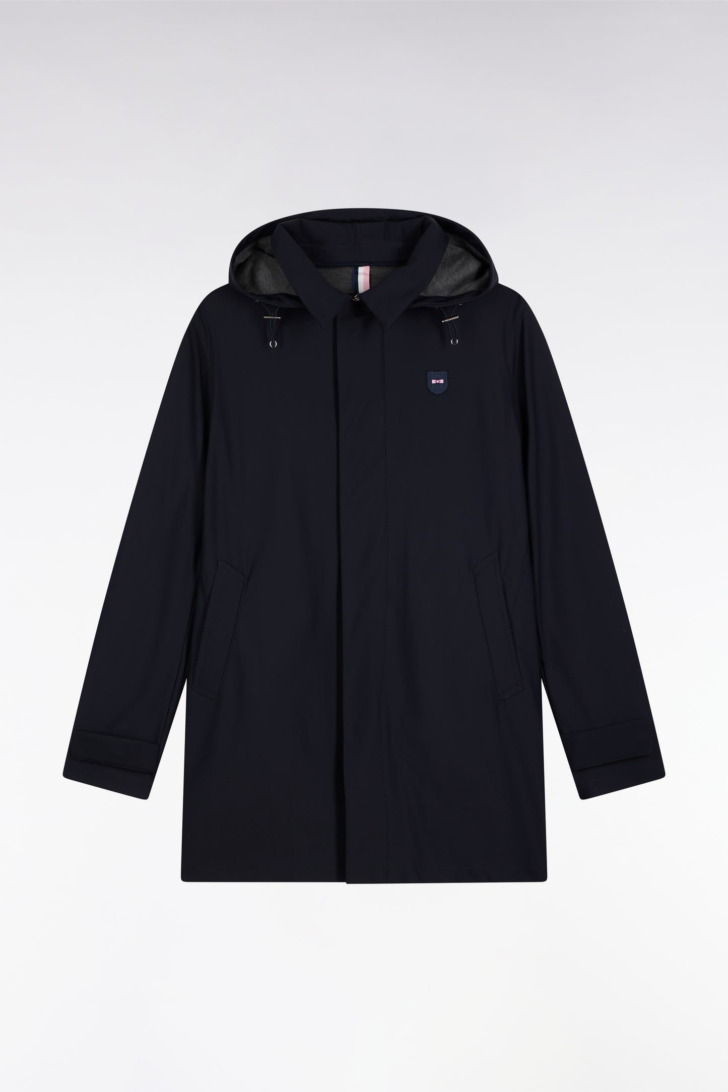 Imperméable long en jersey double face marine à capuche amovible