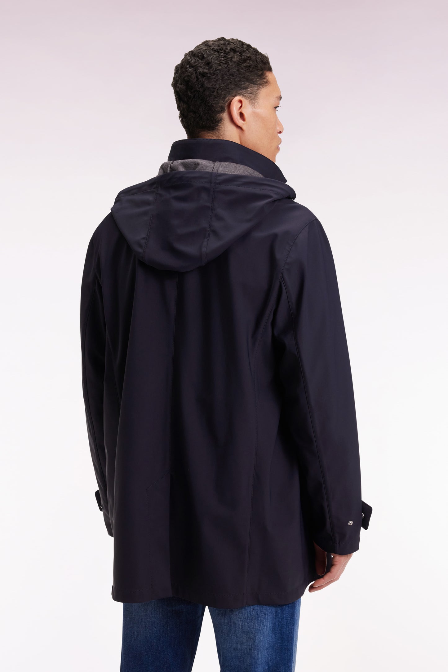 Imperméable long en jersey double face marine à capuche amovible