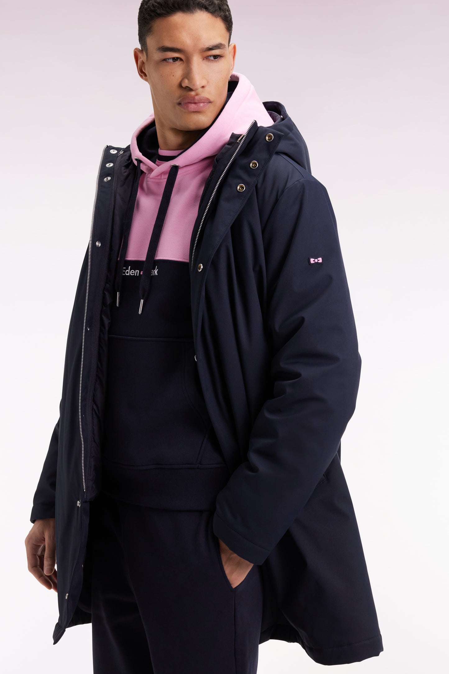 Long 2-in-1 parka in navy nylon with integrated hood