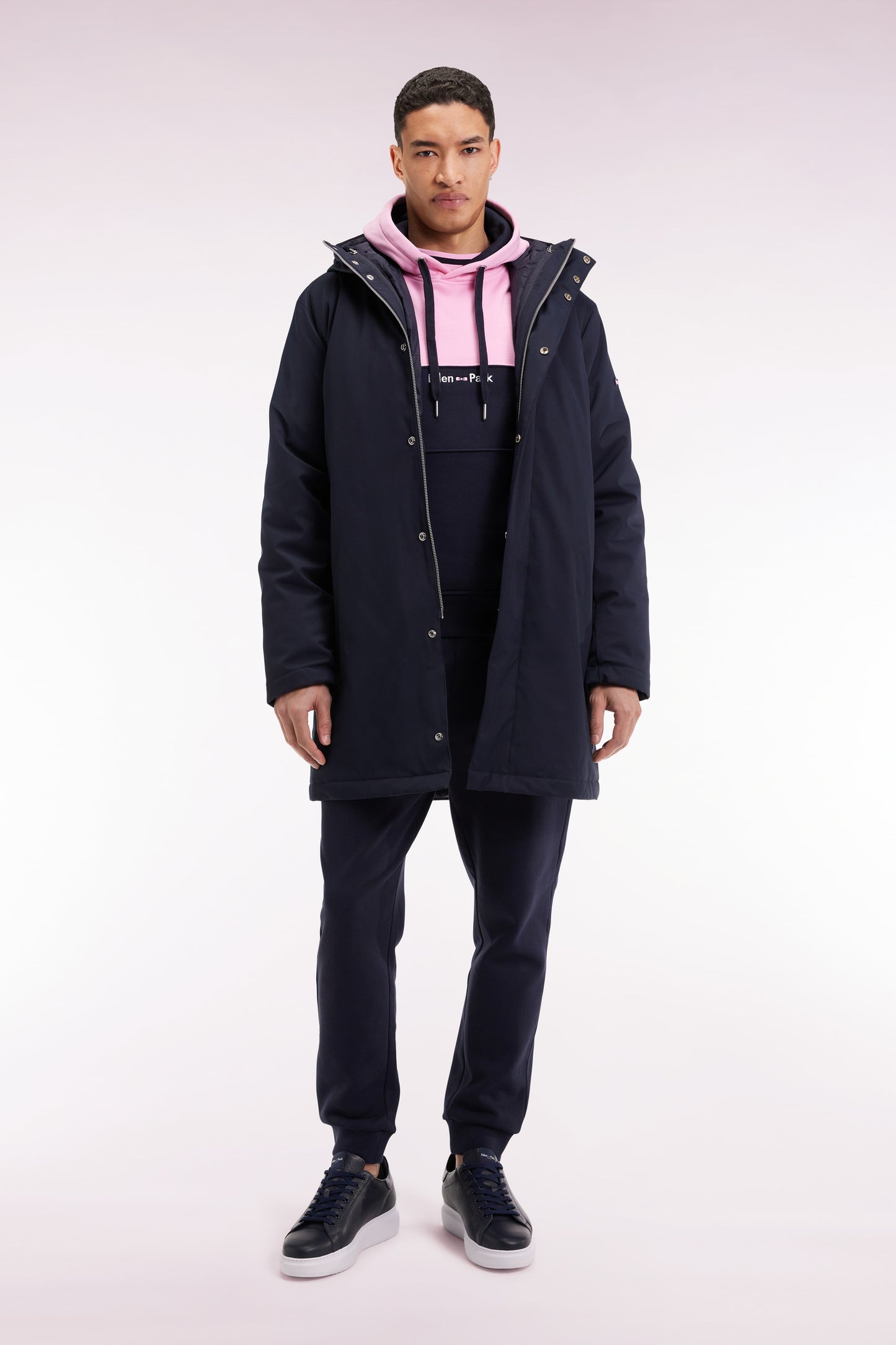 Long 2-in-1 parka in navy nylon with integrated hood