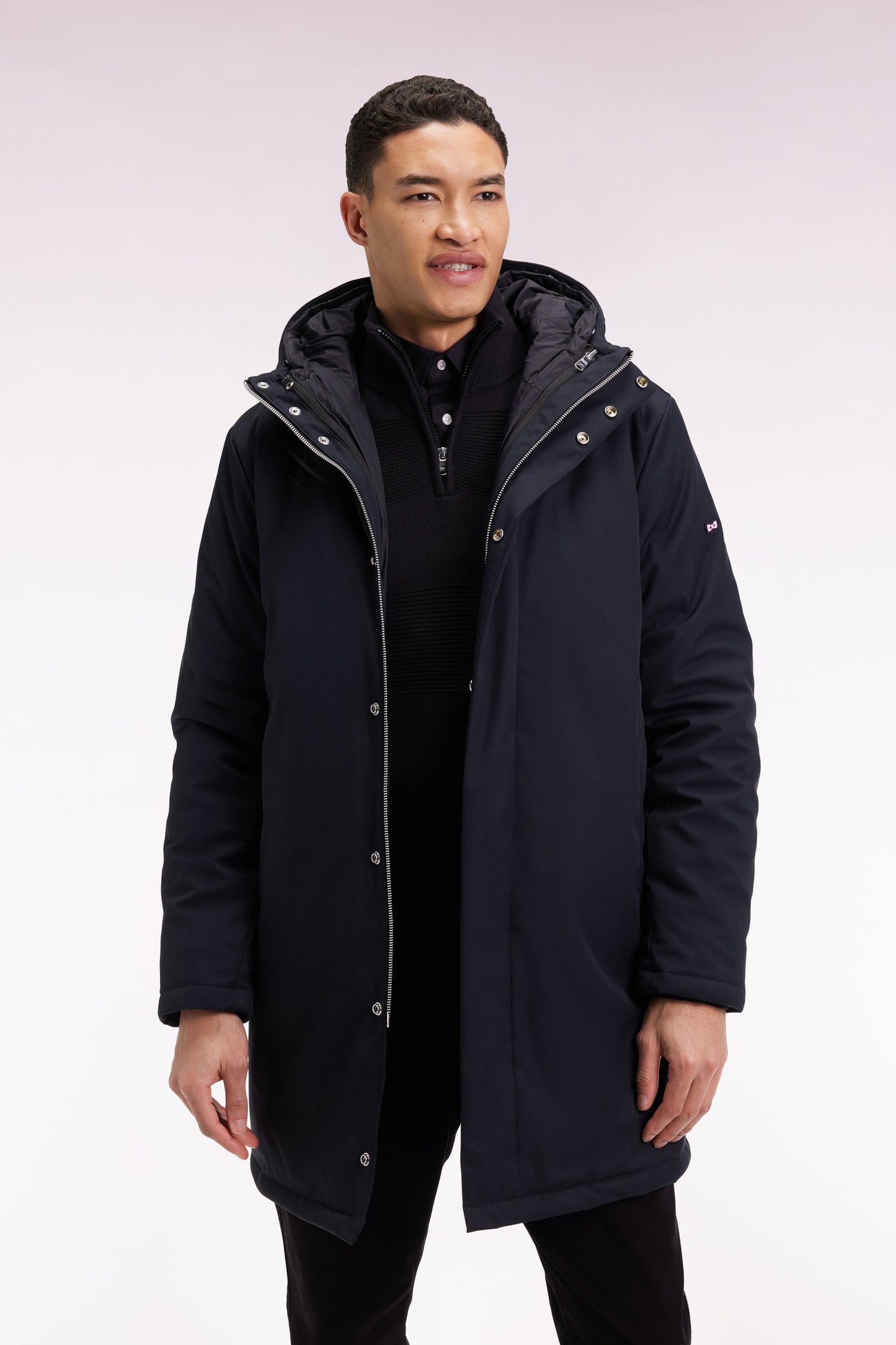 Parka longue 2-en-1 en nylon noir à capuche intégrée