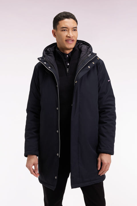 Parka longue 2-en-1 en nylon noir à capuche intégrée - Image 3