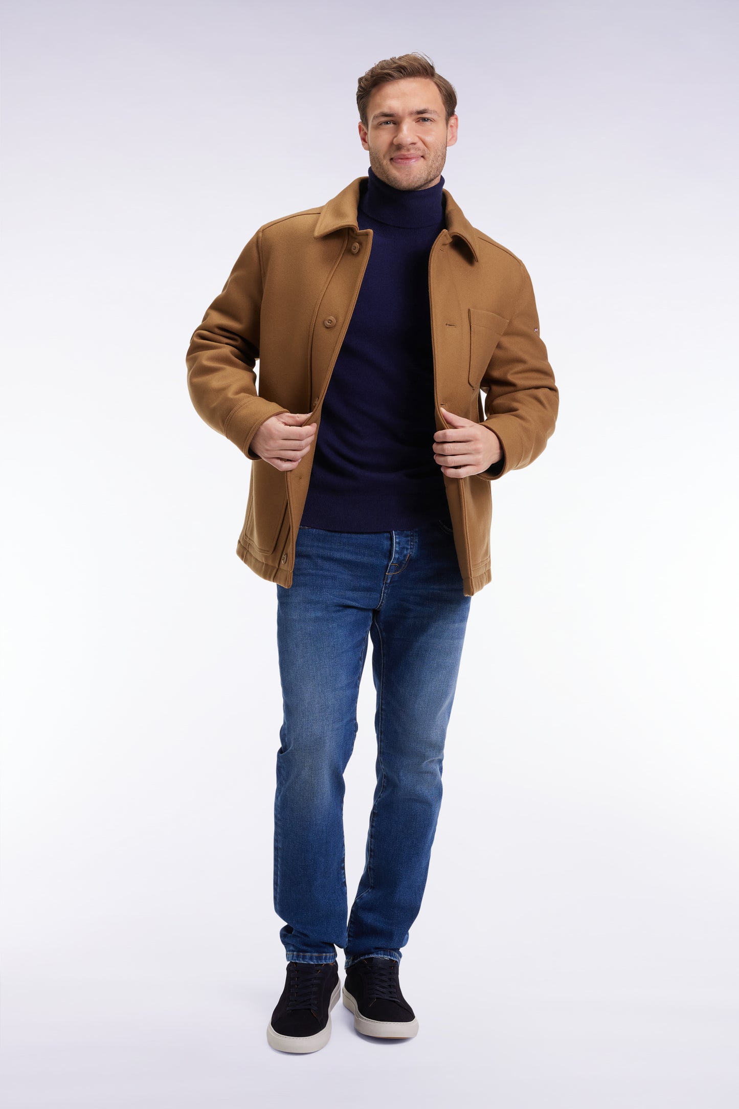 Surchemise zippée en twill de laine camel à poches plaquées