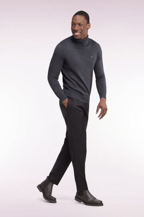 Pantalon à taille élastiquée façon flanelle rayée marron - Image 1