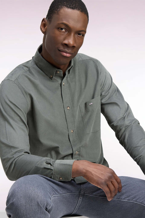 Olive green ribbed cotton straight fit shirt - Image 1