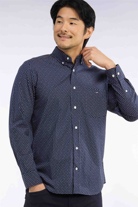White cotton poplin shirt with pink micro-patterns, straight cut - Image 1