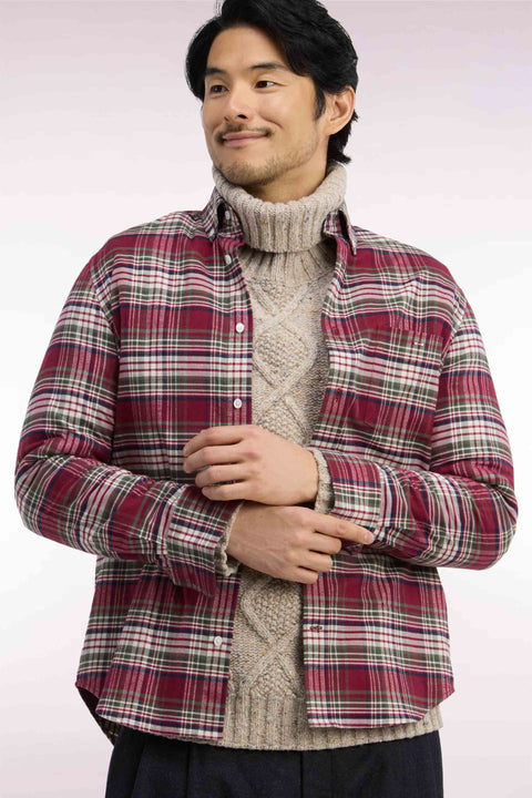 Straight-fit red checked cotton flannel shirt - Image 1