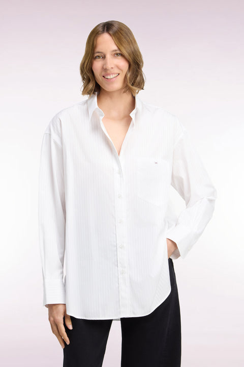 Chemise en coton blanc à rayures beige coupe oversized - Image 3
