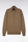 Brown wool and cotton straight cut zipped cardigan