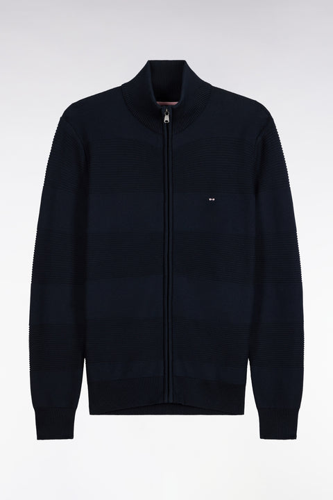 Cardigan zippé en coton marine à effet rayé coupe droite - Image 2