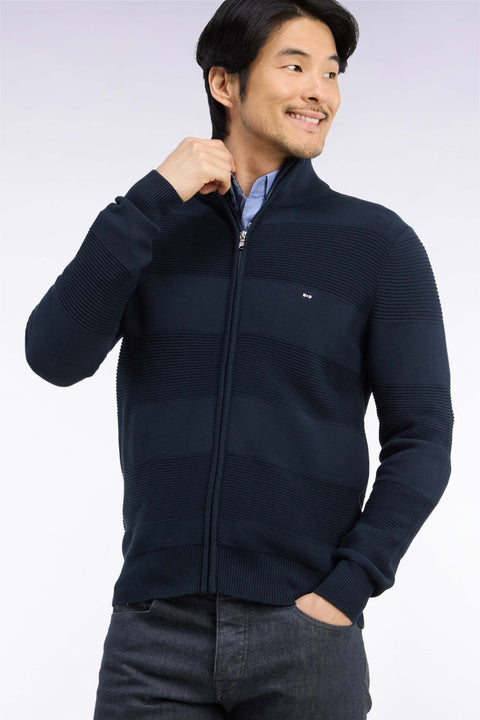 Cardigan zippé en coton marine à effet rayé coupe droite - Image 1