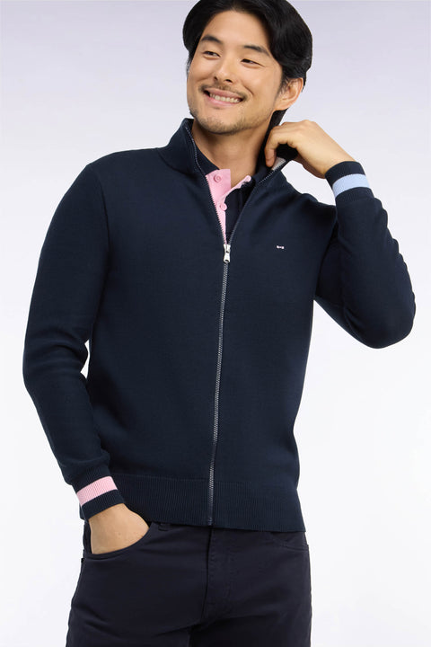 Cardigan zippé en coton marine dos brodé coupe droite - Image 1